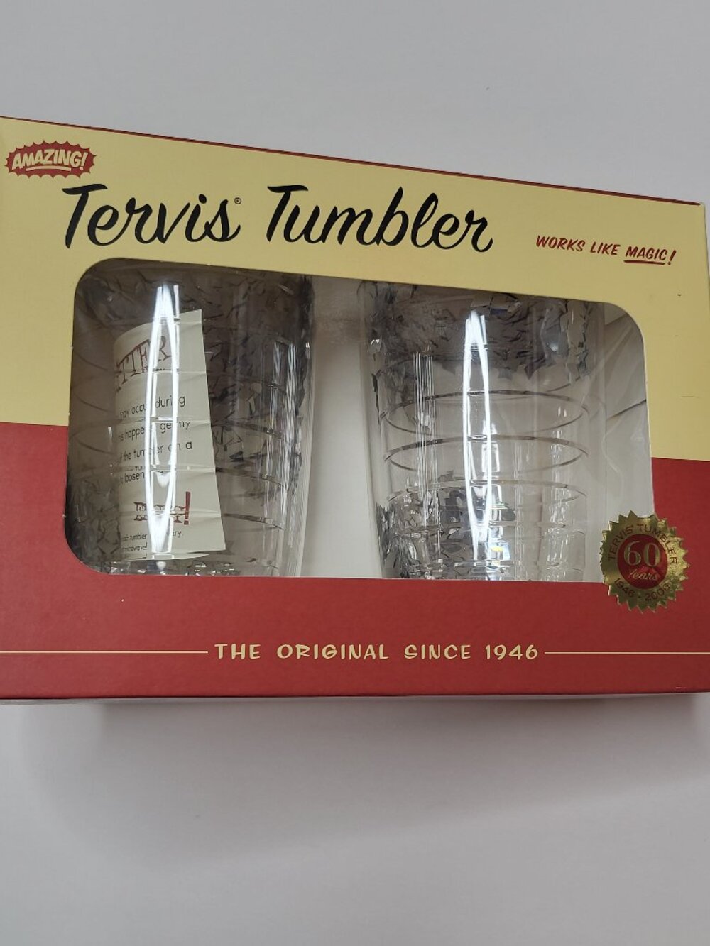 60th Anniversary 16 oz Tervis Tumbler Silver Glitter Confetti Set of 2 NOS 2006
